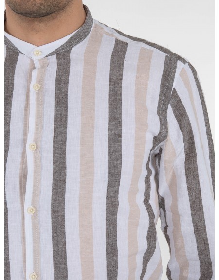 OVER-D Πουκάμισο mao ριγέ OE1S2S3C22 Λευκό - Μπεζ - Καφέ OVER-D - 5