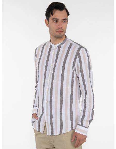 OVER-D Πουκάμισο mao ριγέ OE1S2S3C22 Λευκό - Μπεζ - Καφέ OVER-D - 4