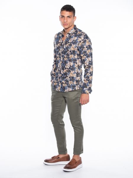 OVER-D Πουκάμισο λινό OM636CM Floral - Μπλε - Λαδί OVER-D - 8