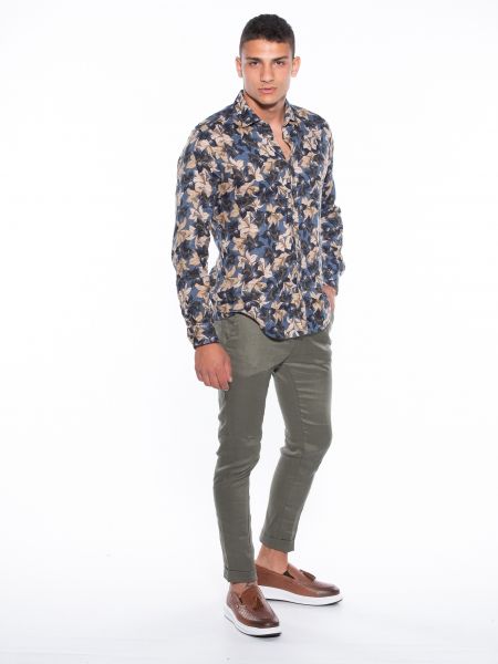 OVER-D Πουκάμισο λινό OM636CM Floral - Μπλε - Λαδί OVER-D - 7
