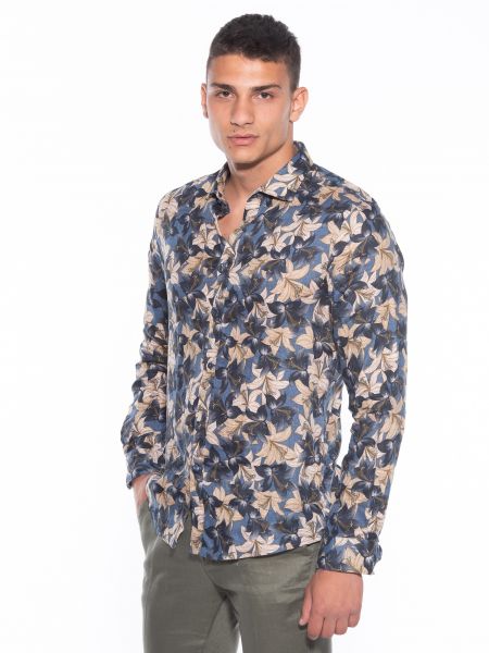 OVER-D Πουκάμισο λινό OM636CM Floral - Μπλε - Λαδί OVER-D - 4