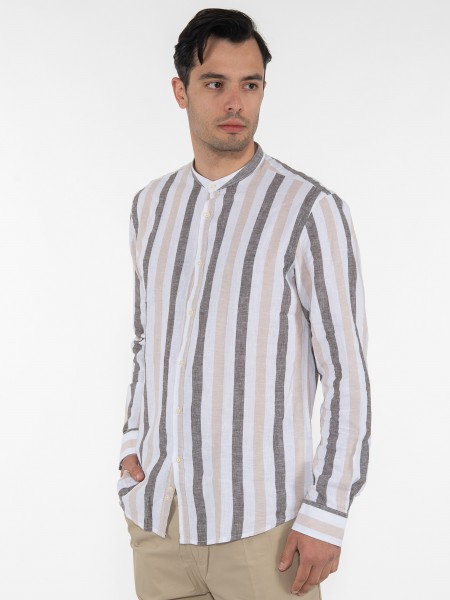 OVER-D Πουκάμισο mao ριγέ OE1S2S3C22 Λευκό - Μπεζ - Καφέ OVER-D - 4