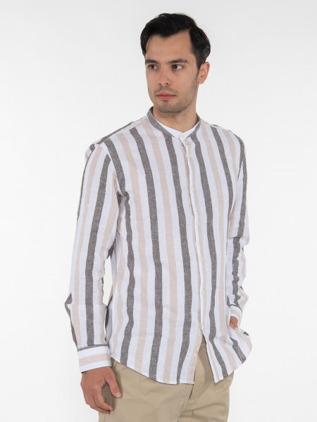 OVER-D Πουκάμισο mao ριγέ OE1S2S3C22 Λευκό - Μπεζ - Καφέ OVER-D - 3