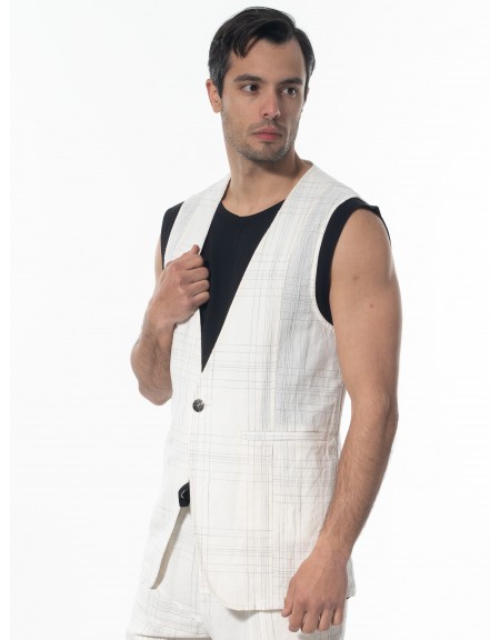 LA HAINE Γιλέκο καρό λινό 3B LM144 Off-white - Μαυρό LA HAINE - 3