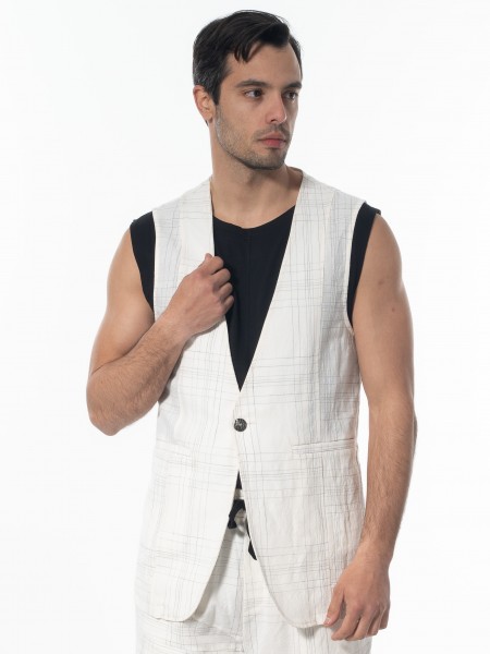 LA HAINE Γιλέκο καρό λινό 3B LM144 Off-white - Μαυρό LA HAINE - 1