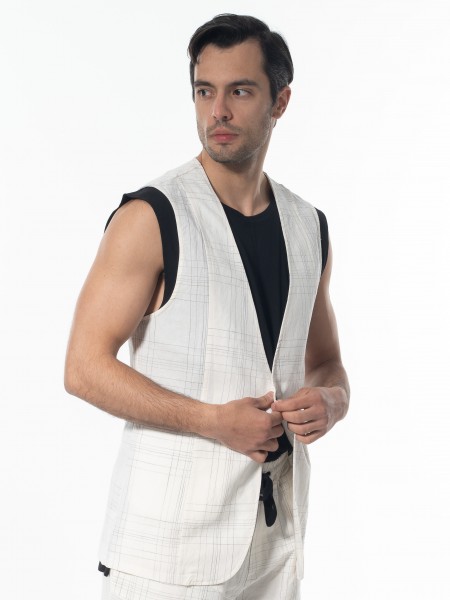 LA HAINE Γιλέκο καρό λινό 3B LM144 Off-white - Μαυρό LA HAINE - 4