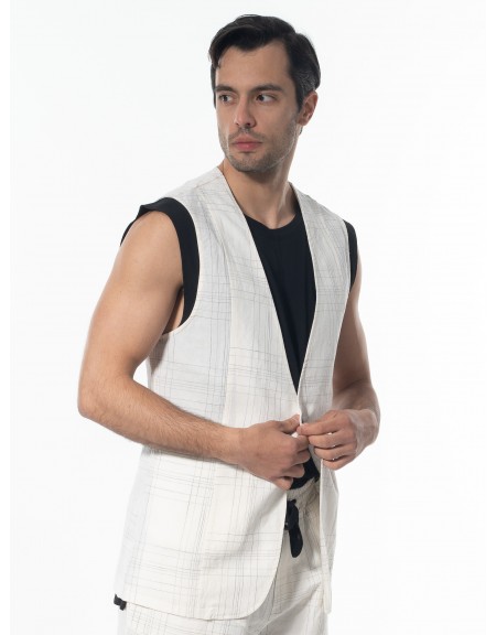 LA HAINE Γιλέκο καρό λινό 3B LM144 Off-white - Μαυρό LA HAINE - 4