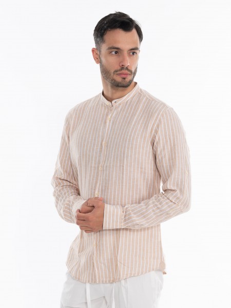 OVER-D Πουκάμισο λινό ριγέ OE1S2S4C28 Μπεζ - Λευκό OVER-D - 2