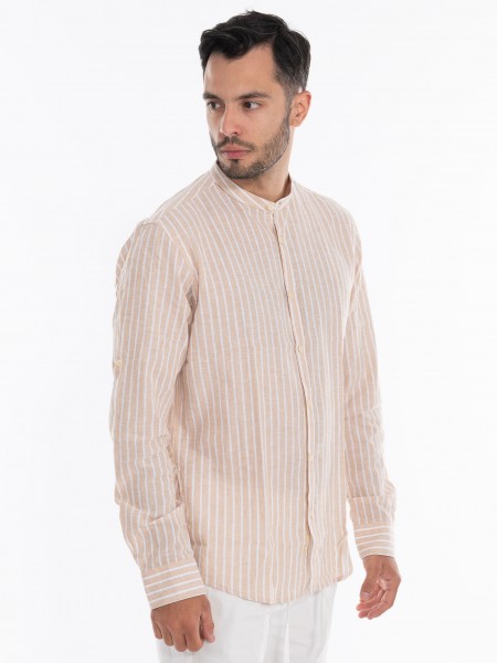 OVER-D Πουκάμισο λινό ριγέ OE1S2S4C28 Μπεζ - Λευκό OVER-D - 3