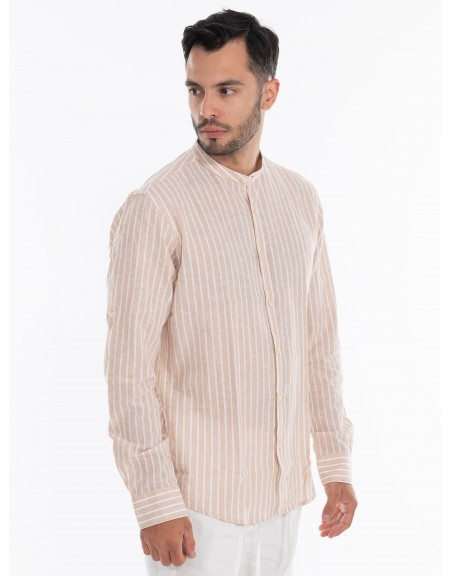 OVER-D Πουκάμισο λινό ριγέ OE1S2S4C28 Μπεζ - Λευκό OVER-D - 3