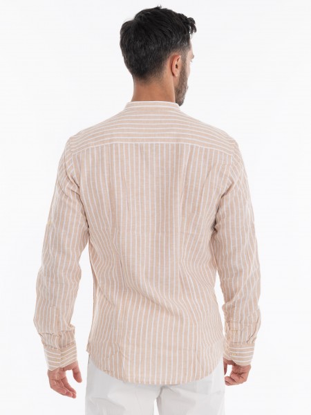 OVER-D Πουκάμισο λινό ριγέ OE1S2S4C28 Μπεζ - Λευκό OVER-D - 4