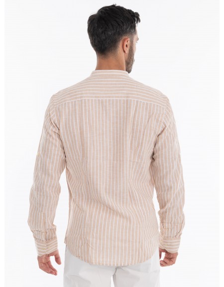 OVER-D Πουκάμισο λινό ριγέ OE1S2S4C28 Μπεζ - Λευκό OVER-D - 4