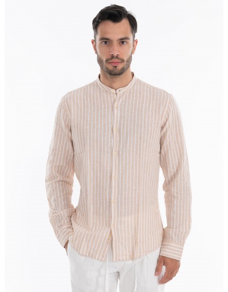 OVER-D Πουκάμισο λινό ριγέ OE1S2S4C28 Μπεζ - Λευκό OVER-D - 10