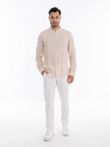 OVER-D Πουκάμισο λινό ριγέ OE1S2S4C28 Μπεζ - Λευκό OVER-D - 6