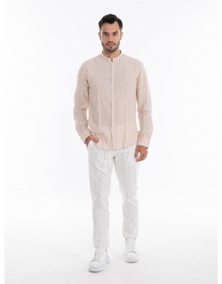 OVER-D Πουκάμισο λινό ριγέ OE1S2S4C28 Μπεζ - Λευκό OVER-D - 6