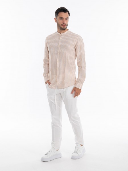 OVER-D Πουκάμισο λινό ριγέ OE1S2S4C28 Μπεζ - Λευκό OVER-D - 7