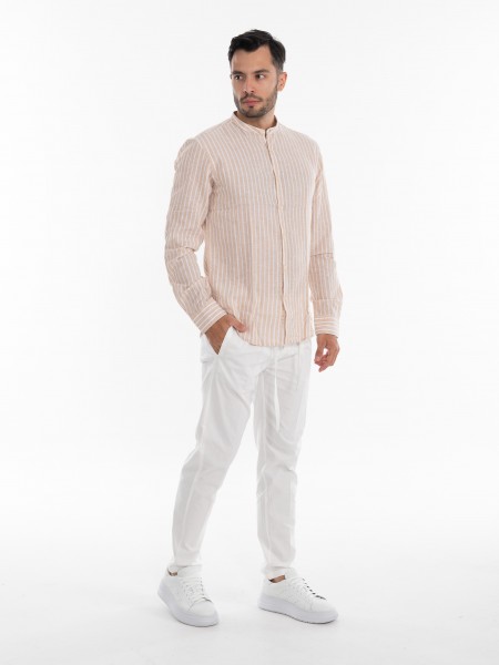 OVER-D Πουκάμισο λινό ριγέ OE1S2S4C28 Μπεζ - Λευκό OVER-D - 8