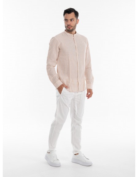 OVER-D Πουκάμισο λινό ριγέ OE1S2S4C28 Μπεζ - Λευκό OVER-D - 8