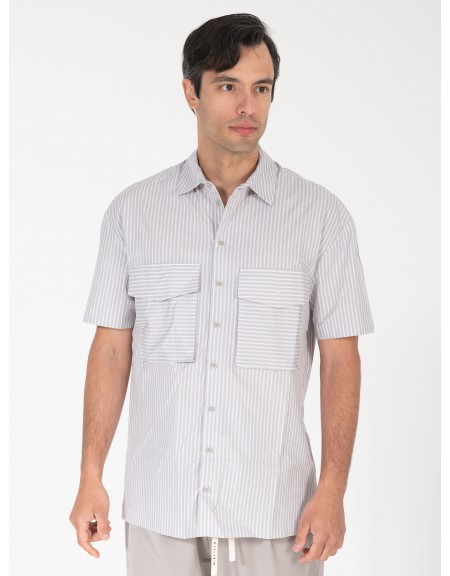 NINETEEN Πουκάμισο κοντομάνικο K25-1037 Γκρι - Λευκό NINETEEN - 3