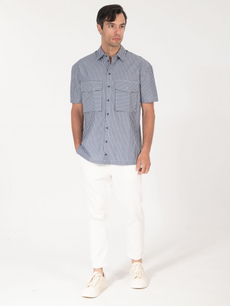 NINETEEN Πουκάμισο κοντομάνικο K25-1037 Μπλε - Λευκό NINETEEN - 4