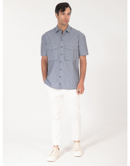 NINETEEN Πουκάμισο κοντομάνικο K25-1037 Μπλε - Λευκό NINETEEN - 4