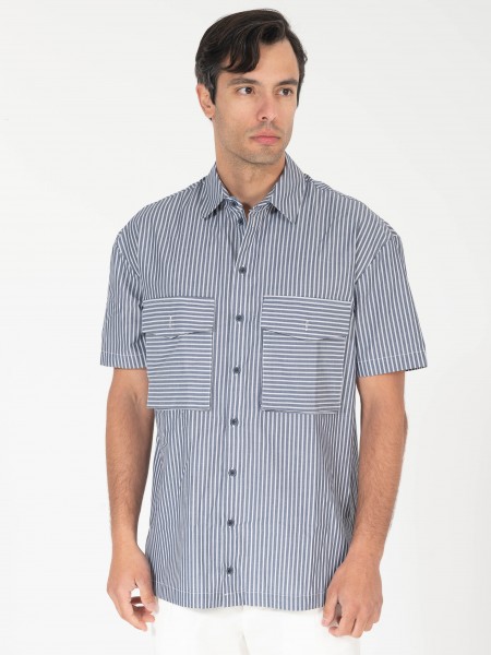 NINETEEN Πουκάμισο κοντομάνικο K25-1037 Μπλε - Λευκό NINETEEN - 1