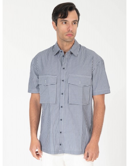 NINETEEN Πουκάμισο κοντομάνικο K25-1037 Μπλε - Λευκό NINETEEN - 1